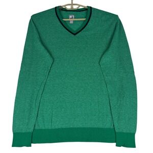 JCP V-Neck Sweater Mens L Green White Striped Cotton Cashmere Blend JC-00-007-A